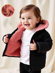 SHEIN 1pc Infant/Toddler Unisex Black Hooded Long Sleeve Padded Coat With Pink Plush Lining, Winter Fashion Simple Design Suitable For Daily School Wear Fall - Black - View 3