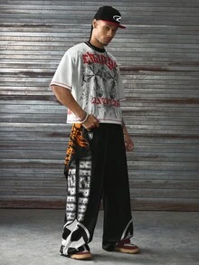 AXEPEAK Casual Street Cross Graffiti Round Neck Loose Short Sleeve T-Shirt And Elastic Drawstring Loose Long Pants, Men 2-Piece Set - Black and White - View 2