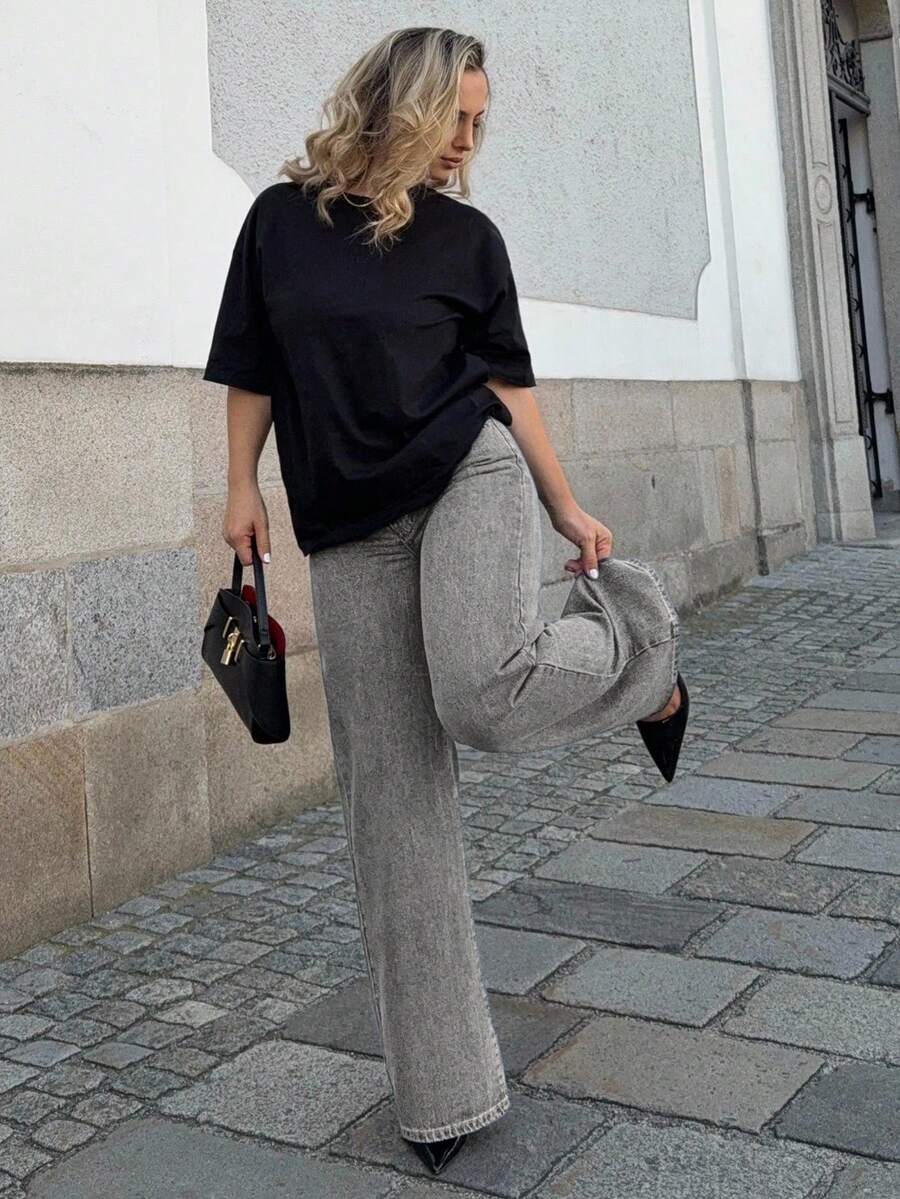 Jeta Ari Quần Jeans Denim Thường Ngày Thiết Kế Đơn Giản Có Túi Nút Phía Trước Cho Nữ - Xám - Xem 1