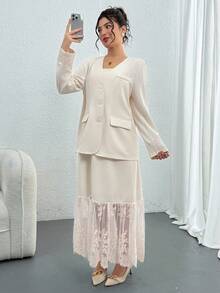 DAZY Women's Elegant Commuter Solid Color Jacket & Lace Patchwork Skirt Suit Business Attire Western Outfits For Women - White - View 4