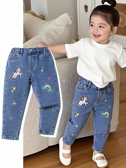 SHEIN Playful Pals Jeans con bordado de unicornio para niña
