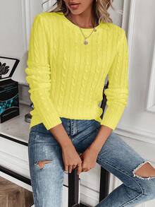 EMERY ROSE Suéter de cuello redondo de unicolor informal, otoño - Amarillo - Ver 4