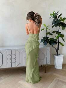 Jemour Đầm dài ôm sát cổ xếp nếp lãng mạn cho nữ có viền nhún bèo, phù hợp cho mùa xuân/hè - màu xanh lá - Xem 2