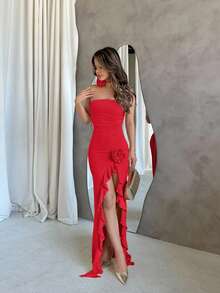 Jemour Summer Beach Vacation Date Tube Dress With Ruffled 3D Floral Decor, Strapless, High Split Hem, Elegant Sweet Ladies Dress - Red - View 5