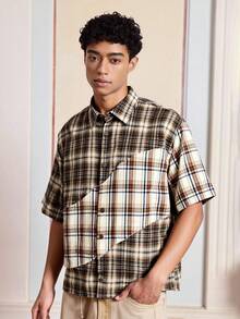 SWAVVY Men's Woven Casual Plaid Short Sleeve Shirt, Suitable For Summer - Khaki - View 4