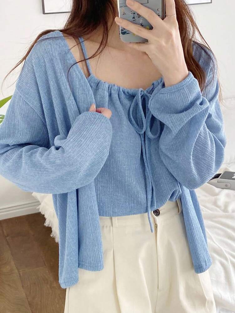 2pcs Women's Long Sleeve Top And Camisole Set, Spring/Summer
