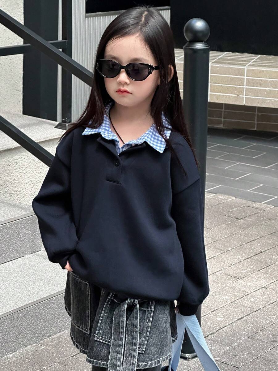 DAZY Sweatshirt Lengan Panjang Gaya Korea Warna Kontras untuk Anak Perempuan, Musim Gugur/Dingin - Navy Blue - View 1