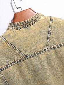 Manfinity Homme Men's Acid Wash Casual Loose Band Collar Denim Jacket With Zipper Front, Autumn, Fall - Brown - View 3