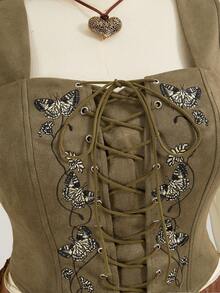 ROMWE EDITION Blusa de tirantes verde con bordado de mariposa y flores, talla grande - Burdeos - Ver 2
