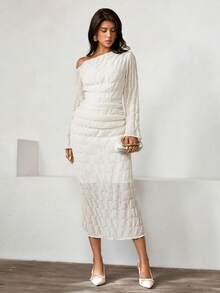 Rafferiza Women's Elegant Off-White Oblique Shoulder Long Sleeve Pleated Texture Dress,Autumn Brunch Outfit,Chic Professional Commuter Office Attire - Apricot - View 7