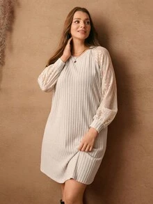 Rosumi 大码休闲通勤纯色提花拼布连衣裙 - 杏色 - 查看 5