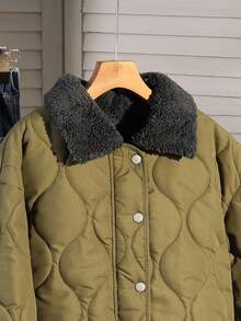 Teen Girl Casual Thickened Padded Coat, Black Furry Collar & Lining, Military Green Ribbed Cuffs & Hem, Suitable For Autumn/Winter Outings, Walking, Commuting, Traveling, Can Be Paired With Long Sleeve Sweaters, Pants - Army Green - View 5