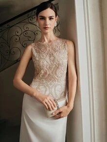 Anewsta 女式新款优雅时尚串珠拼布无袖节日连衣裙