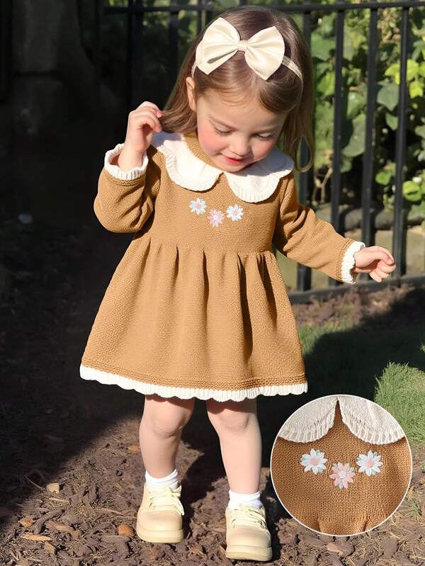 SHEIN Vintaside Kids Vestido de punto bordado con floral para bebé niña, caqui, elegante y de moda, adecuado para la escuela, el desgaste diario, la casa, salidas y viajes, otoño/invierno