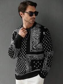 Manfinity Homme 男士休闲宽松腰果印花圆领长袖毛衣，秋季，垃圾摇滚风格 - 黑色 - 查看 4