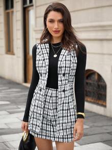 EMERY ROSE Ladies Front Button Sleeveless Blouse And Skirt Casual 2 Pieces Set - Black and White - View 3