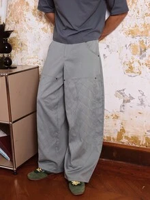 Manfinity VCAY 男士休闲宽松阔腿梭织裤，秋季 - 草綠色 - 查看 3