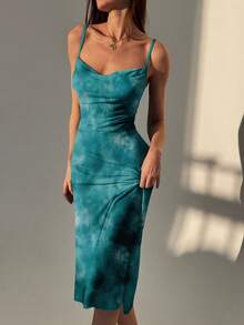 Aloruh Autumn Green Textured Tie-Dye Print Spaghetti Strap Bodycon Dress, Elegant For Vacation, Party, Gathering, Suitable For Autumn Long Dress, Daily Wear Teal - Green - View 1