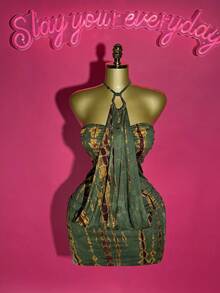 Slaydiva Women's Dark Green Summer Tie-Dye Gradient Halter Bodycon Mini Dress,Night Club Outfits,Vintage Wild Street Boho Clothes For Vacation & Party - Green - View 9