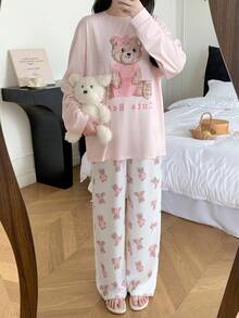 少女可爱熊印花宽松睡衣套装，休闲家居，日常穿着 - 粉色 - 查看 7