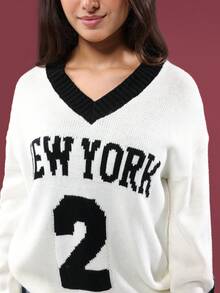 SUMWON V-Neck Oversized Knit Sweater With New York Varsity Lettering And Number Fall Winter - Black and White - View 3