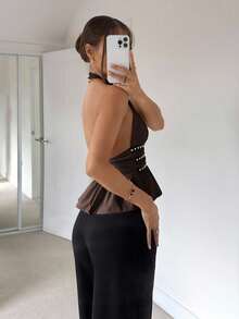 Siren Gaze New Summer Rivets Waistline Design Halter Top For Women Party Chic Brown - Brown - View 2