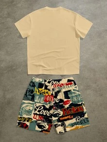Manfinity Roghcode Men's Letter Print T-Shirt And Printed Shorts Set - Khaki - View 2