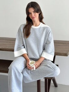 SHEIN Cottnline 2 Pcs, Blok Color, Oversize T-Shirt & Wide Leg Sweatpatns - Grey - View 4