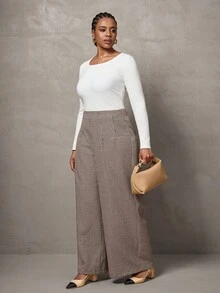SHEIN Tall CURVE 大码女式休闲高腰阔腿裤，时尚通勤 - 黑與白 - 查看 5