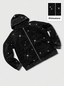 ROMWE MEN Street Life 男女通用街头风格缀饰水钻印花拉链连帽卫衣，秋季 - 黑色 - 查看 5