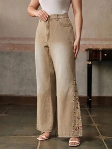 Anewsta Country Style Embroidered Women's Yellow Jeans - Yellow - View 4