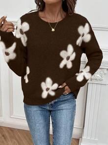 EMERY ROSE Women's Casual Contrast Color Jacquard Round Neck Drop Shoulder Knit Sweater, Christmas - Brown - View 5