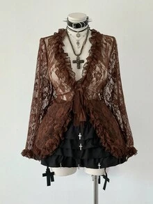 Sunspun Áo thun ôm vừa vặn cổ điển họa tiết ren chắp vá, viền bèo nhún lãng mạn - màu nâu - Xem 3