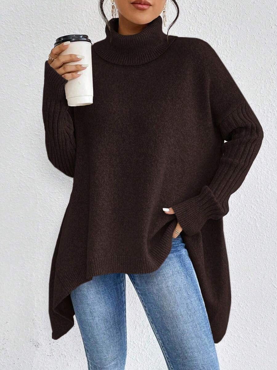 EMERY ROSE Solid Color High Neck Asymmetric Hem Casual Long Sleeve Pullover Sweater - Coffee Brown - View 1