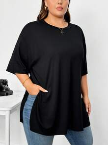 SHEIN CURVE+ 大码女装春夏时尚休闲宽松舒适基础款黑色下摆开衩短袖T恤，简约风格，外出上衣，机场通勤，欧洲春秋冬款 - 黑色 - 查看 5