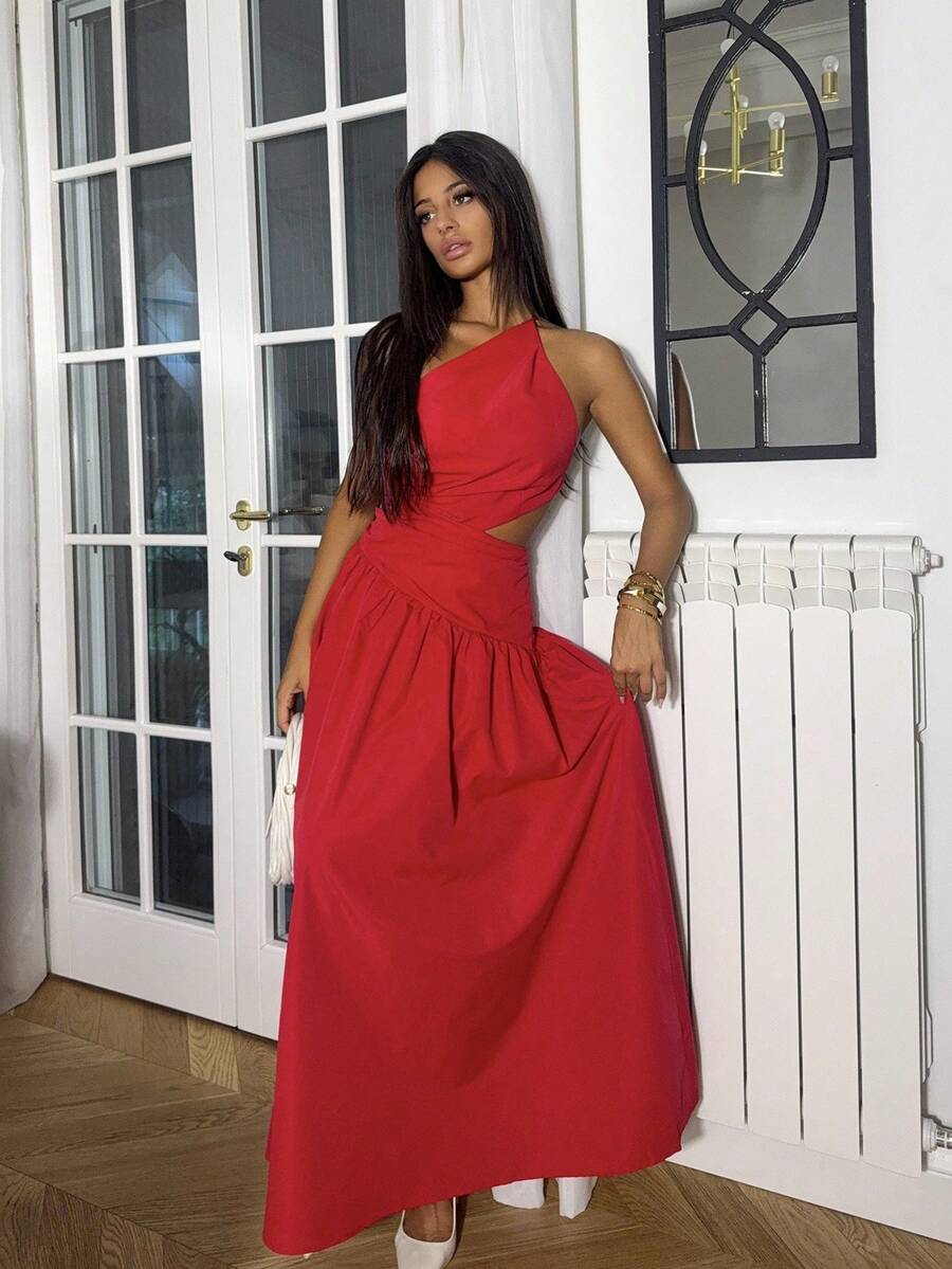 Ronhire New Spring/Summer Casual Vacation One-Shoulder Waist Hollow Asymmetric Design Backless Crisscross Strap Dress - B