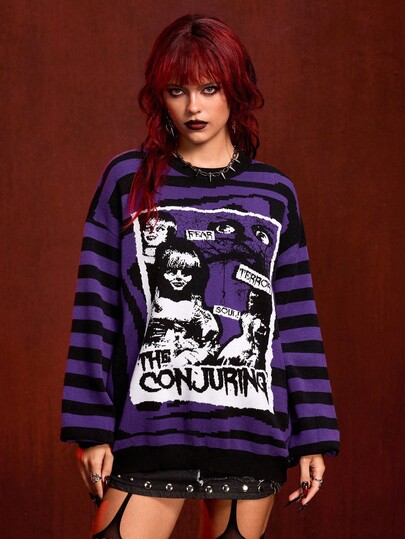The Conjuring X ROMWE Women's Colorblock Striped Figure Pattern Crew Neck Sweater, Autumn/Winter