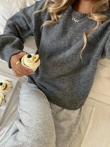 SHEIN Áo len tay dài màu trơn tay ngắn tay đèn lồng thường ngày cho bé gái tuổi teen, màu xám thu đông - Xám - Xem 6