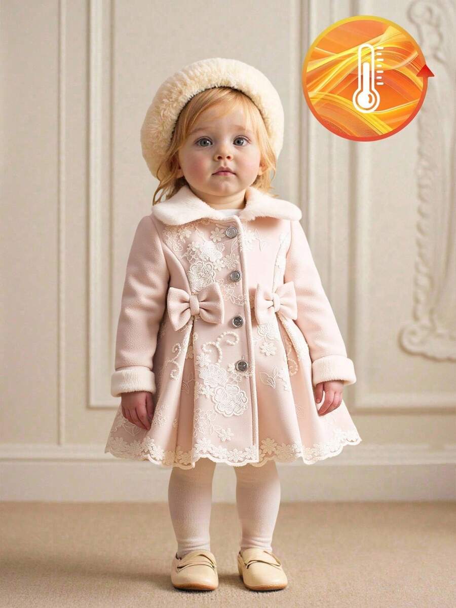 Souflis Souflis Baby Girls' 3D Bow Floral Mesh Furry Collar A-Line Long Sleeve Woolen Coat. Decorated With 3D Bow And Floral Mesh, Elegant And Refined. Paired With Furry Collar And Classic A-Line Long Sleeve Silhouette, Fashionable And Generous. Whether To Play Or Attending Family Gatherings, The Baby Can Be The Most Shining Presence. Fall Winter - Apricot - View 1