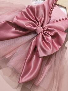 SHEIN 2 件套新生儿女童珍珠风格连衣裙配玫瑰花头带婴儿拍照服装婴儿 1 个月 100 天拍照服装 - 紅色 - 查看 6