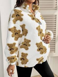 SHEIN Autumn And Winter Pregnant Women's Casual Versatile Bear Print Sweatshirt, Winter - Khaki - View 3