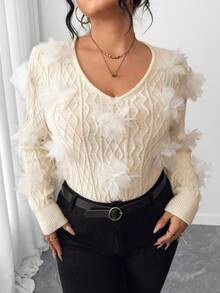 Elenzga Plus Size Women V-Neck 3D Floral Long Sleeve Pullover Sweater, Autumn Fall Winter Cloth For Women