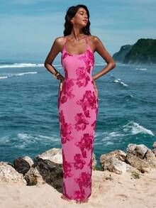 Opulessa Vestido halter sin espalda, estilo casual de vacaciones - Rosa Fucsia - Ver 5