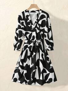 Rusticease Vestido corto casual de vacaciones con estampado total y cuello con muesca para mujeres - Multicolor - Ver 4