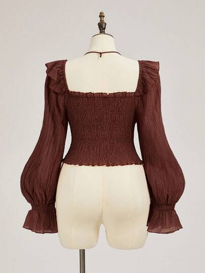 EDITION Plus Size Medieval Vintage Mori Style Square Collar Ruffle Hem Puff Sleeve Blouse, Suitable For Outerwear Or Layering