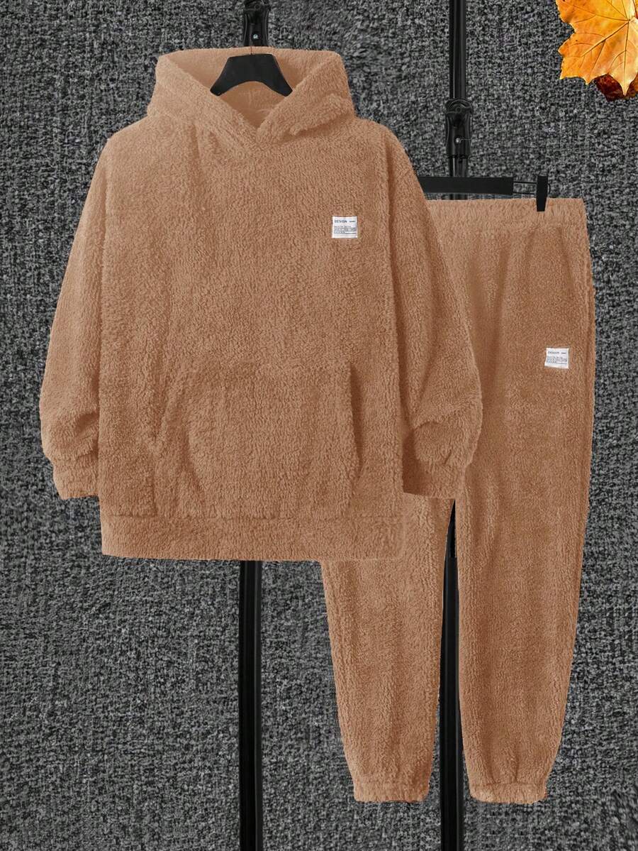 RueChic 男士秋冬字母图案羊毛休闲连帽衫和裤子两件套 - 棕色 - 查看 1