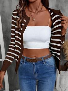 EMERY ROSE 女士休闲条纹长袖单排扣针织开衫，秋季 - 彩色 - 查看 8