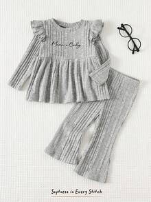 Cozy Pixies 2 pezzi Set di top a maniche lunghe con collo rotondo e volant e pantaloni in vita elastica per bambina, tinta unita