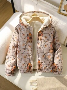 SHEIN Tween 女童休闲可爱卡通动物印花加厚夹克外套，袖口和下摆松紧设计，适合秋冬季散步、上学、通勤、购物等场合。可搭配毛衣、长袖、裤子、运动裤 - 卡其色 - 查看 1