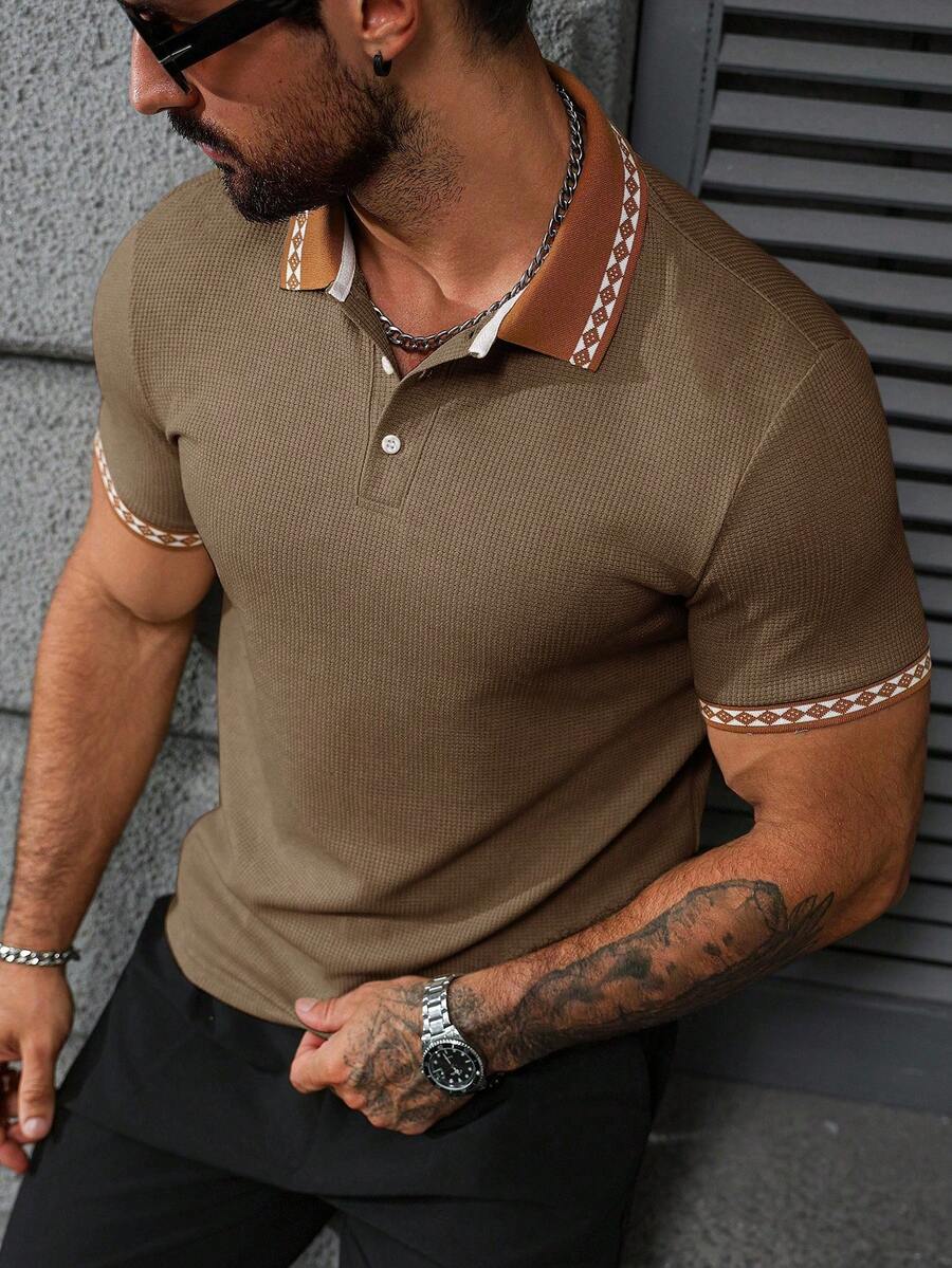 Manfinity Bizformal Men's Contrast Color Half-Placket Regular Fit Short Sleeve Casual Polo Shirt, Summer Mens Brown Polo Shirt Brown Casual Polo Mens Textured Polo Shirt Tan Polo Shirt Men Brown Polo Shirt Men